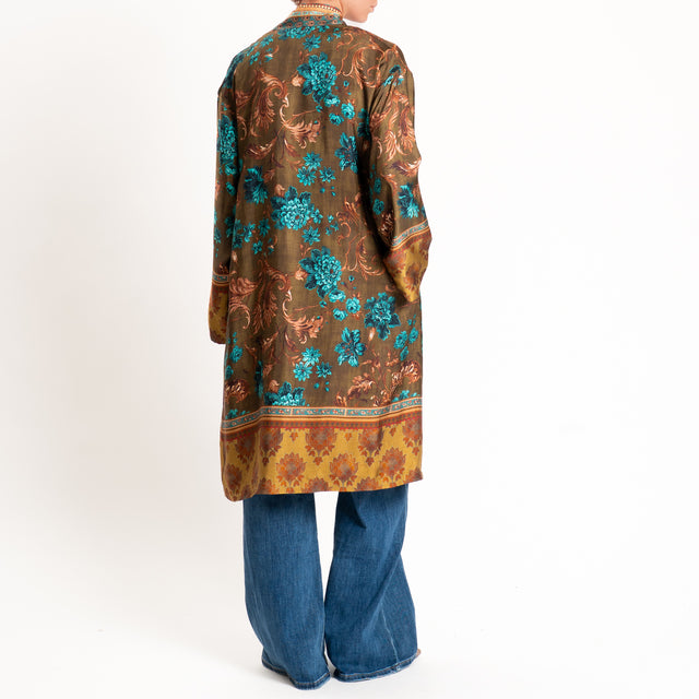 Wu'side-Kimono lungo fantasia floreale - tabacco/turchese