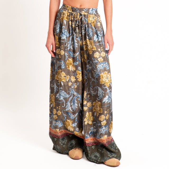 Wu'side-Pantalone fantasia floreale con coulisse - militare/giallo