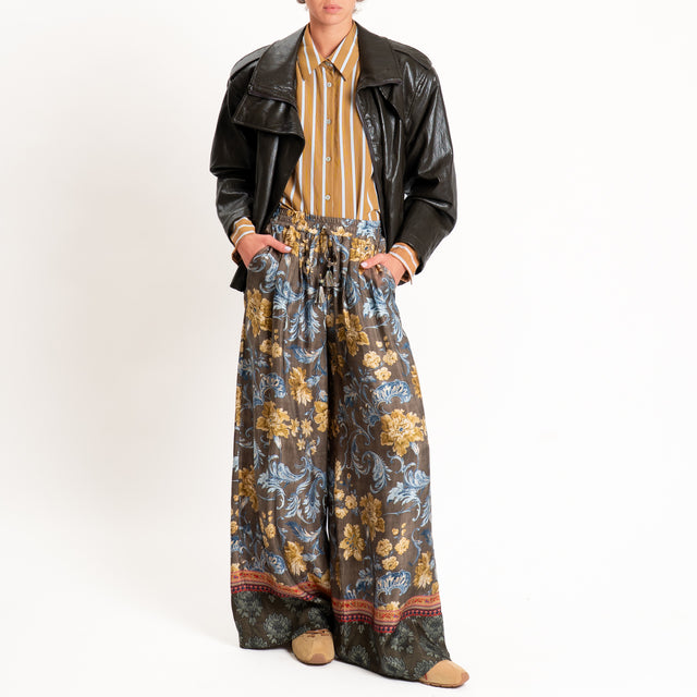 Wu'side-Pantalone fantasia floreale con coulisse - militare/giallo