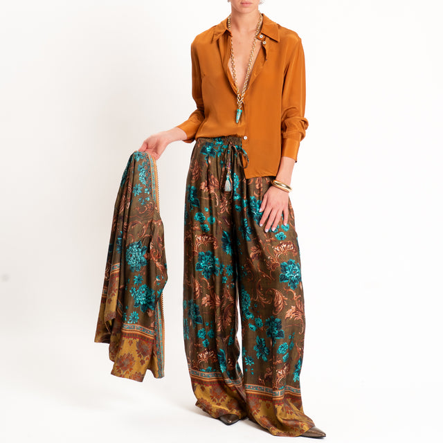 Wu'side-Pantalone fantasia floreale con coulisse - tabacco/turchese