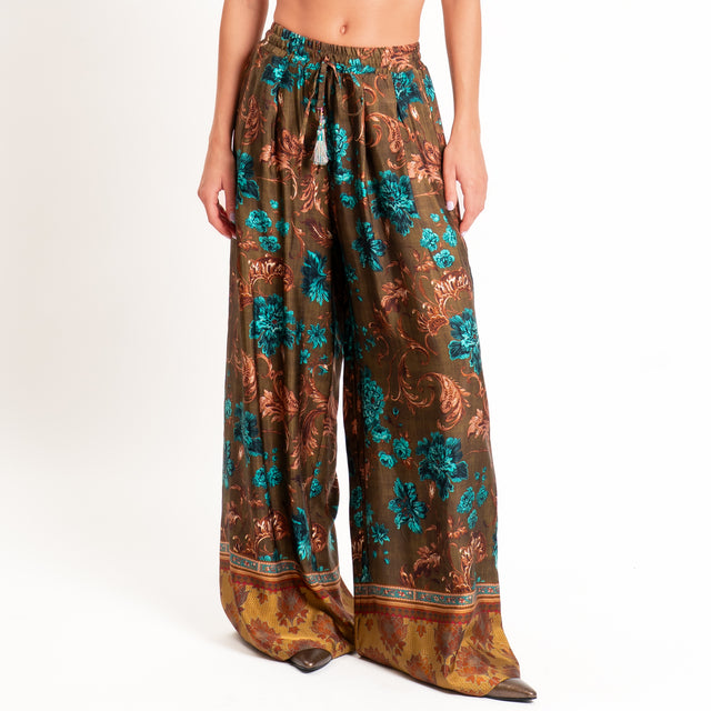 Wu'side-Pantalone fantasia floreale con coulisse - tabacco/turchese