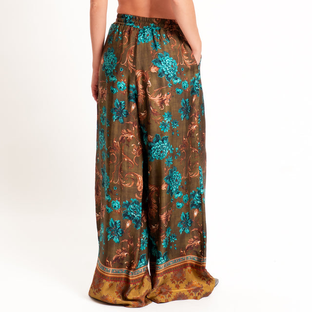 Wu'side-Pantalone fantasia floreale con coulisse - tabacco/turchese