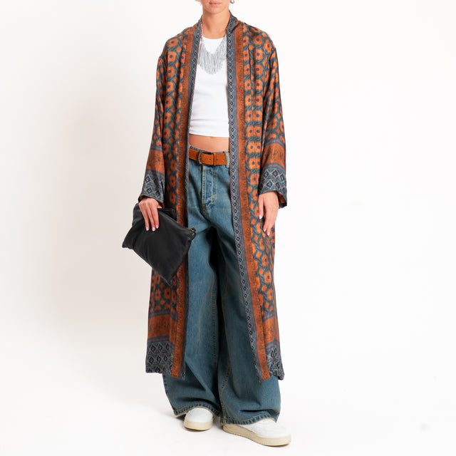 Wu'side-Kimono lungo fantasia geometrica - ruggine/blu/militare
