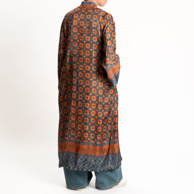 Wu'side-Kimono lungo fantasia geometrica - ruggine/blu/militare