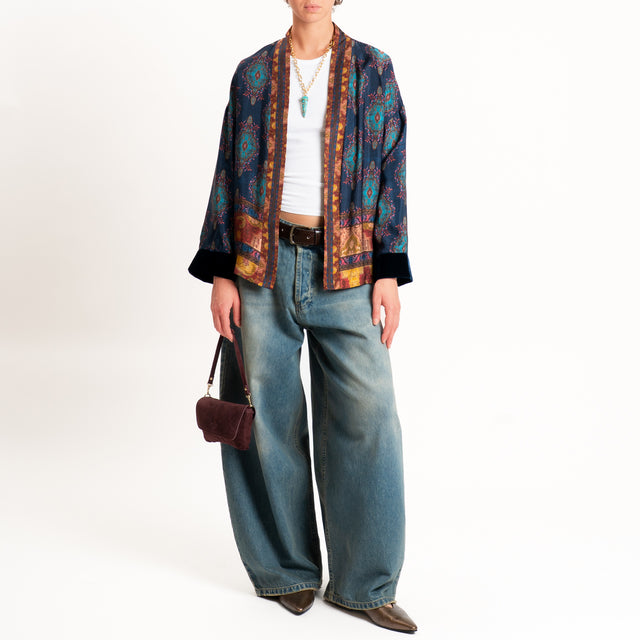 Wu'side-Kimono corto fantasia paisley con cintura - blu/ottanio