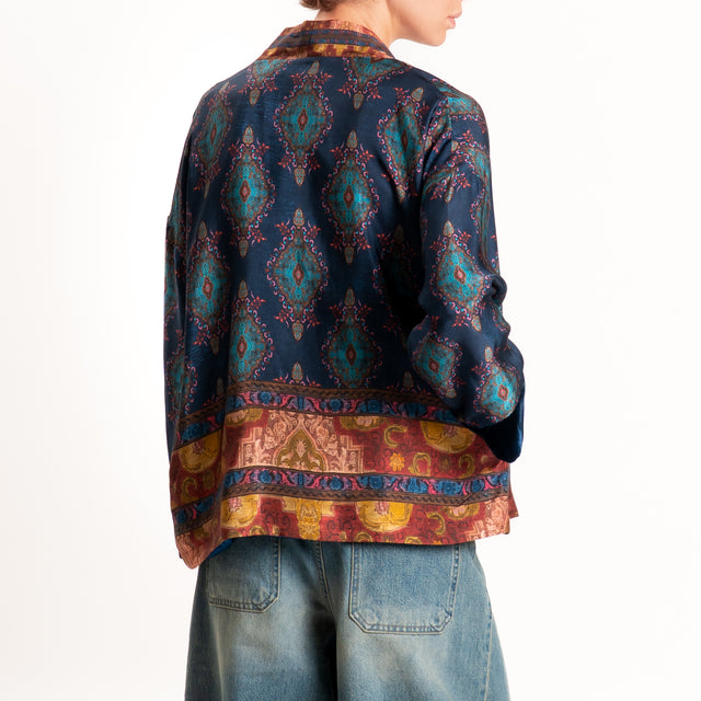 Wu'side-Kimono corto fantasia paisley con cintura - blu/ottanio