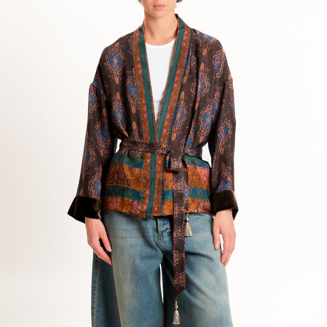 Wu'side-Kimono corto fantasia paisley con cintura - caffe/royal