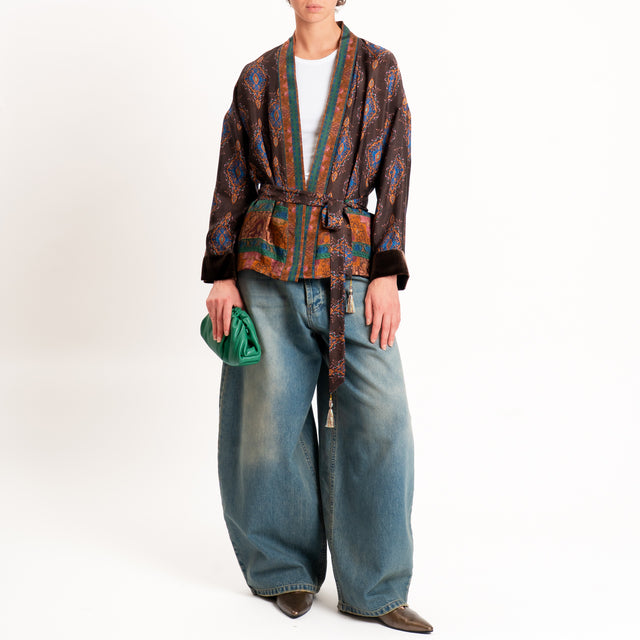Wu'side-Kimono corto fantasia paisley con cintura - caffe/royal