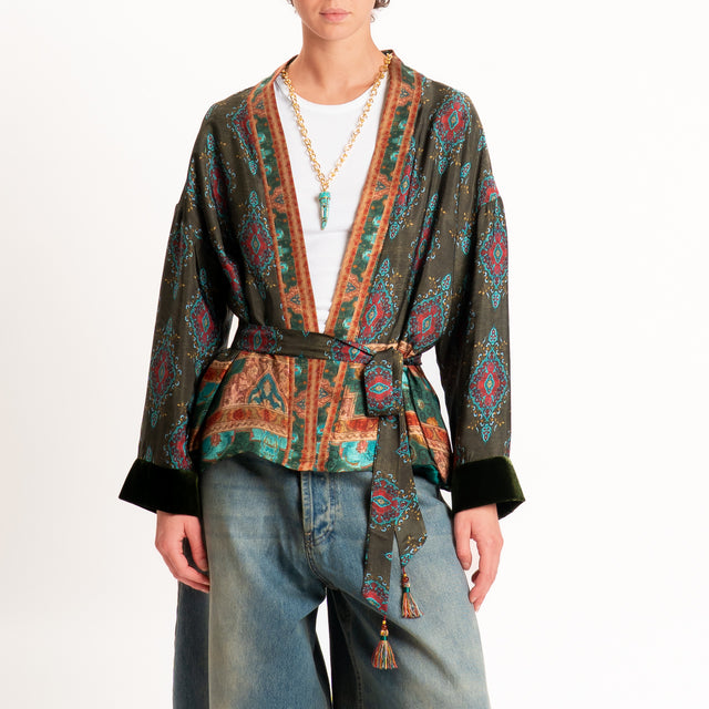 Wu'side-Kimono corto fantasia paisley con cintura - militare/india