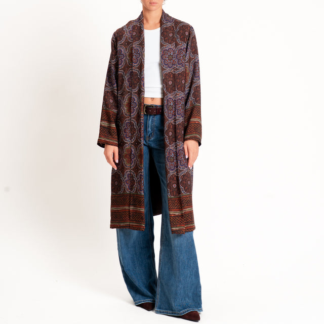 Wu'side-Kimono lungo fantasia arabesque - marrone/blu/militare