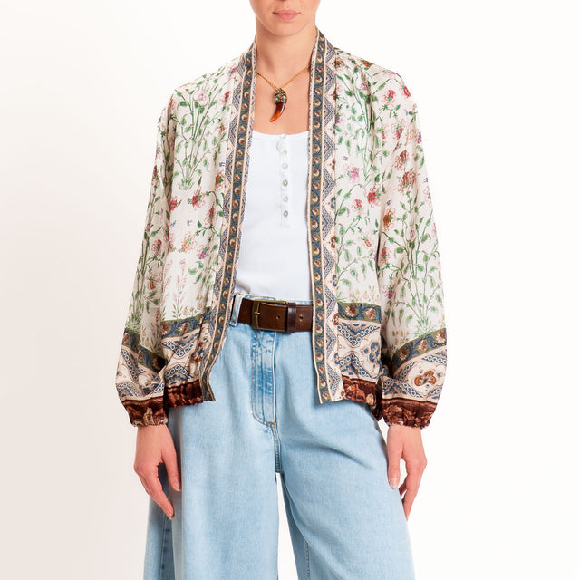 Wu'side-Kimono bomber fantasia floreale con tasche - burro/verde