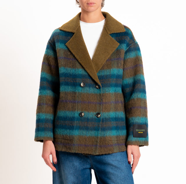 Wu'side-Giacca doppiopetto DOUBLE FACE lana/alpaca - oliva/turchese