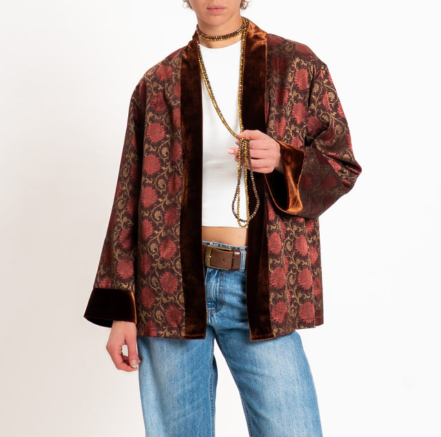 Wu'side-Kimono corto damascato misto seta - bordeaux/moro