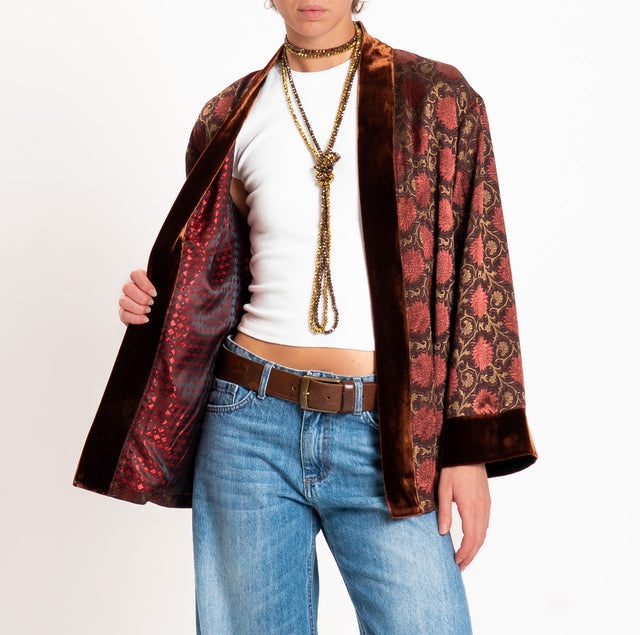 Wu'side-Kimono corto damascato misto seta - bordeaux/moro