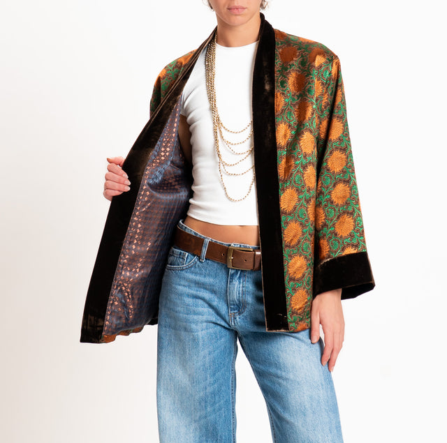 Wu'side-Kimono corto damascato misto seta - moro/ruggine