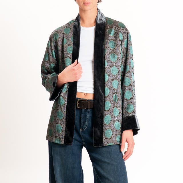 Wu'side-Kimono corto damascato misto seta - grigio/verde
