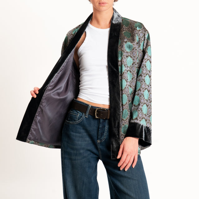 Wu'side-Kimono corto damascato misto seta - grigio/verde