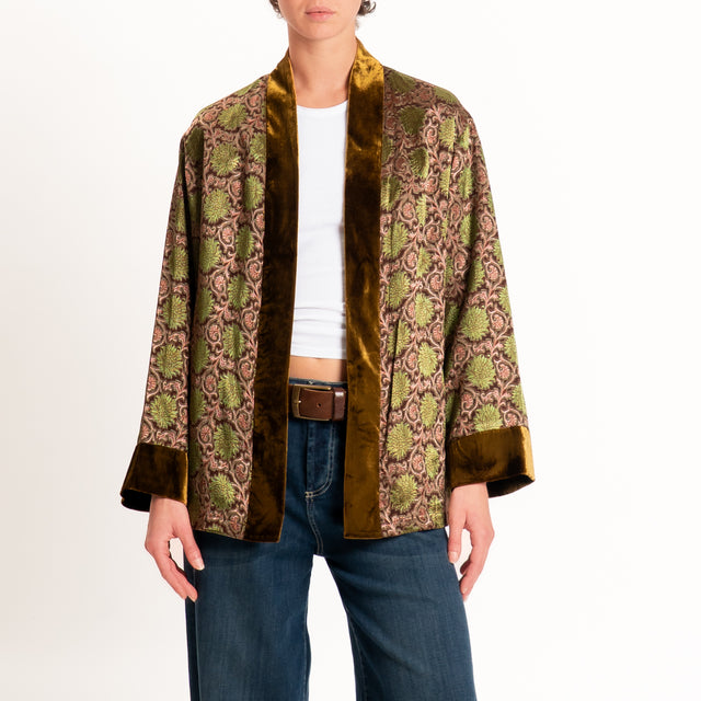 Wu'side-Kimono corto damascato misto seta - moro/rosa