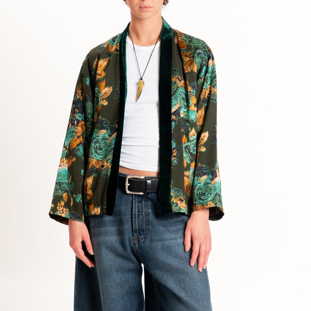 Wu'side-Kimono corto damascato misto seta - militare/arancio