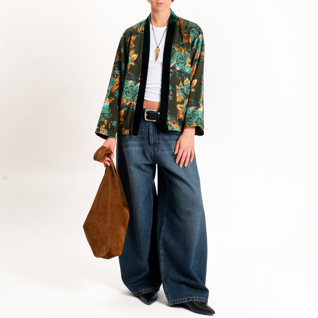 Wu'side-Kimono corto damascato misto seta - militare/arancio