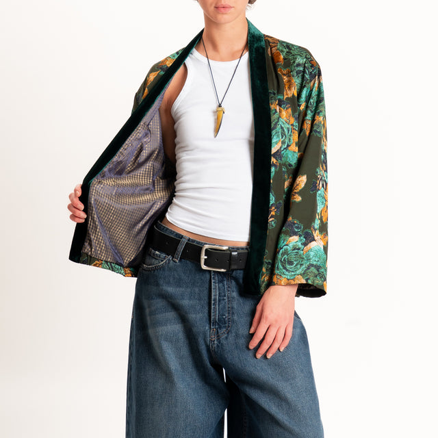 Wu'side-Kimono corto damascato misto seta - militare/arancio