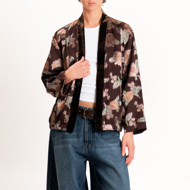 Wu'side-Kimono corto damascato misto seta - bordeaux/rosa