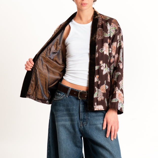 Wu'side-Kimono corto damascato misto seta - bordeaux/rosa