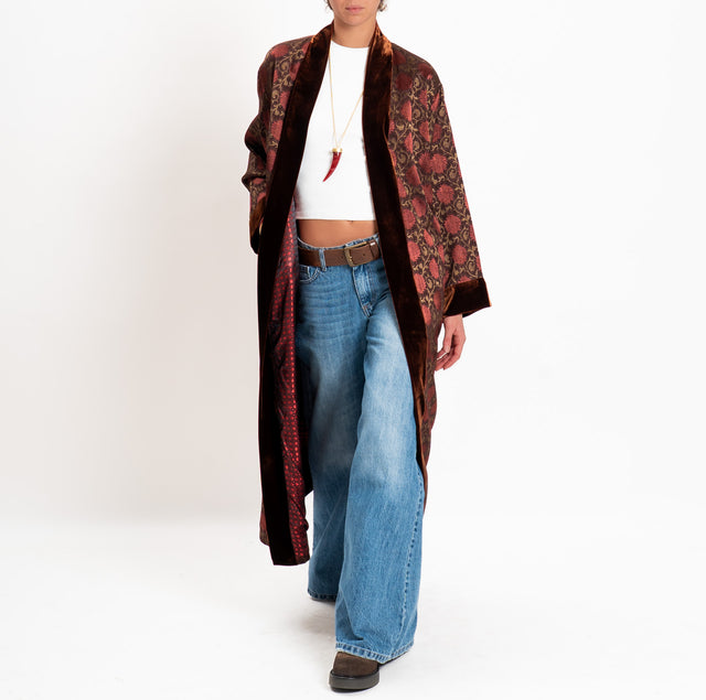 Wu'side-Long damask silk-blend kimono - burgundy/dark brown