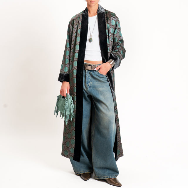 Wu'side-Kimono lungo damascato misto seta - grigio/verde