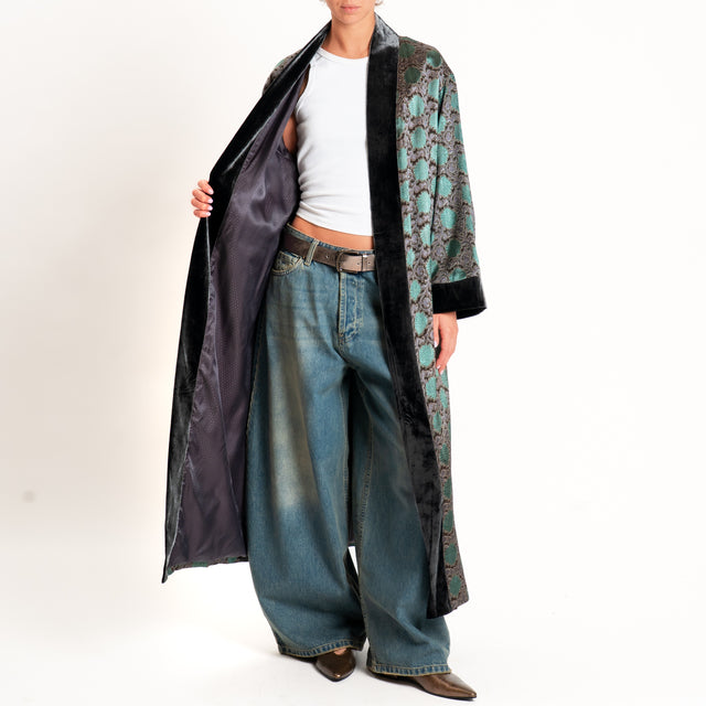 Wu'side-Kimono lungo damascato misto seta - grigio/verde