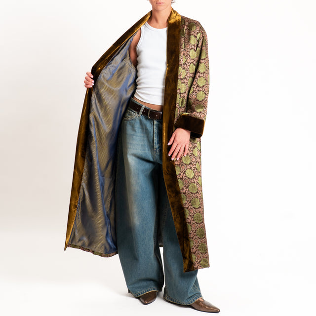 Wu'side-Kimono lungo damascato misto seta - moro/rosa