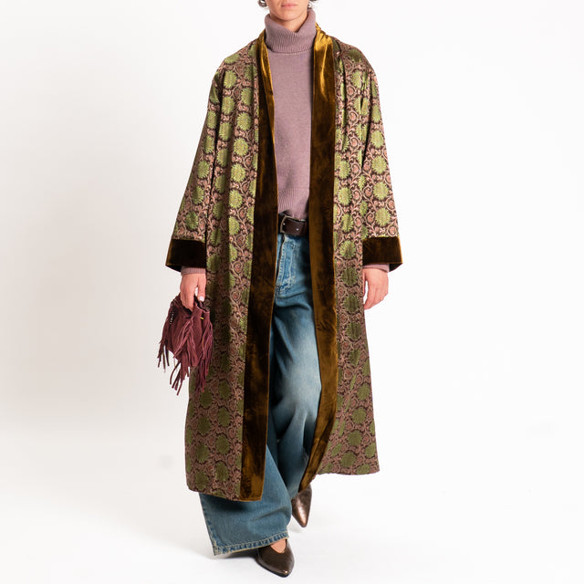 Wu'side-Kimono lungo damascato misto seta - moro/rosa