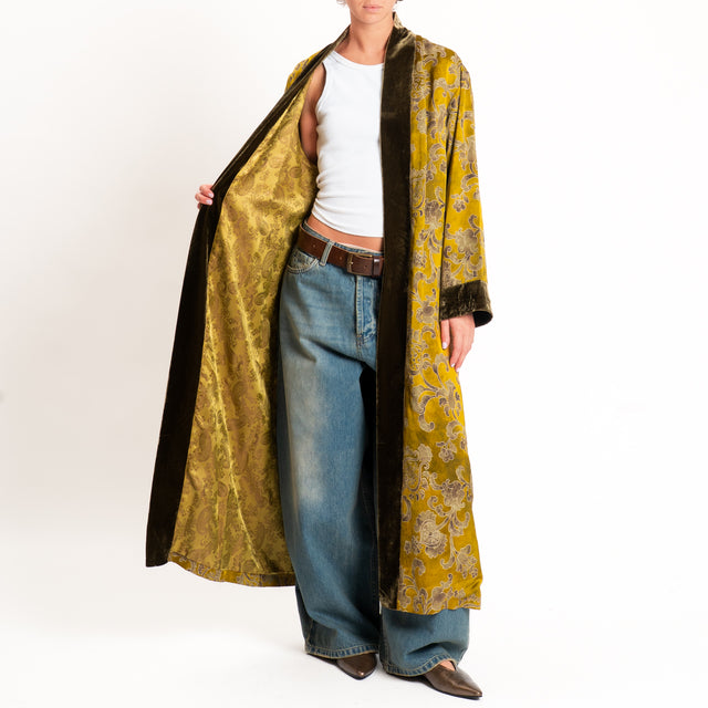 Wu'side-Kimono lungo damascato misto lana - senape/moro