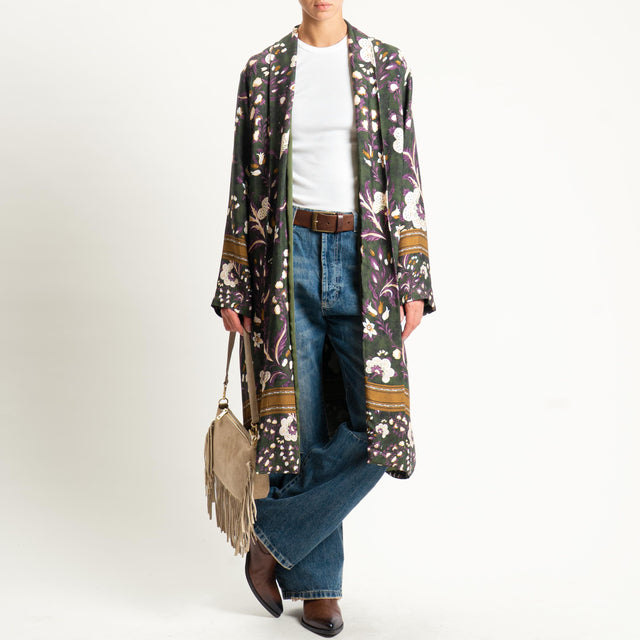 Wu'side-Kimono fantasia con tasche - floreale verde/viola/sand