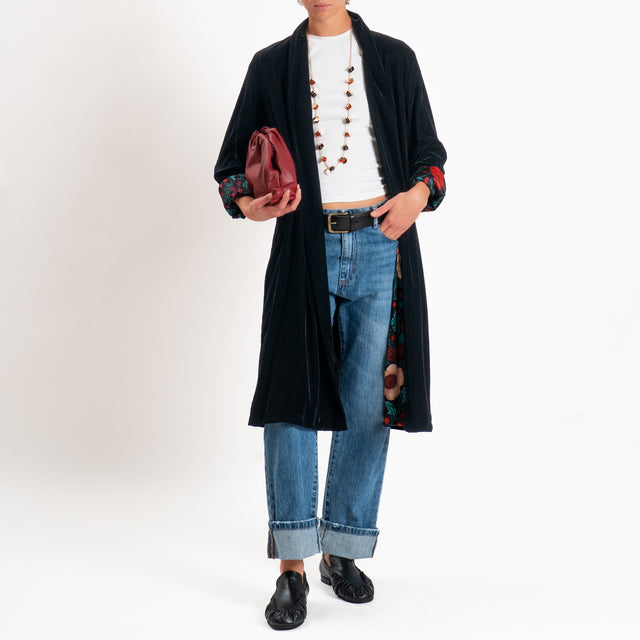 Wu'side-Kimono velluto fodera fantasia - nero