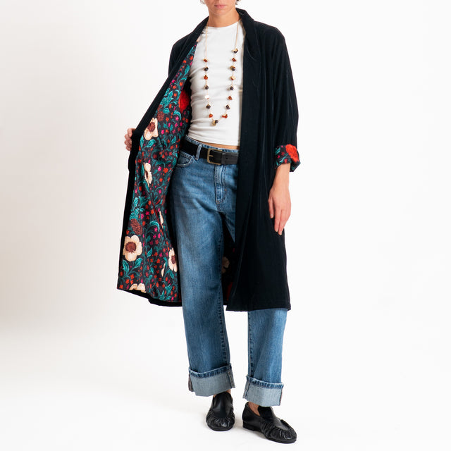 Wu'side-Kimono velluto fodera fantasia - nero