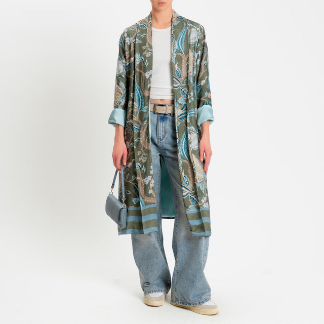 Wu'side-Kimono lungo fantasia floreale - salvia/beige/azzurro