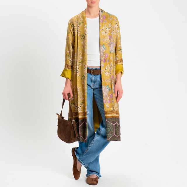 Wu'side-Kimono lungo fantasia floreale - senape/sand/rosa