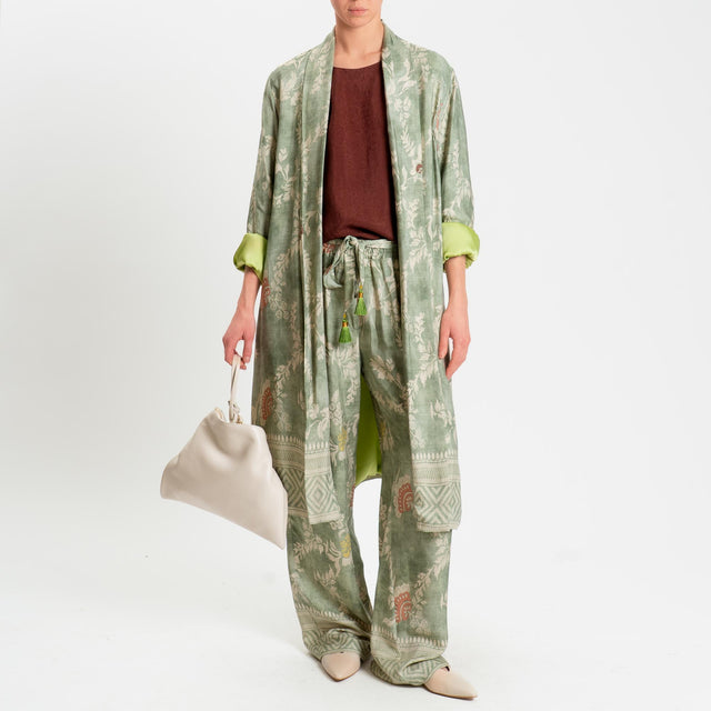 Wu'side-Kimono lungo fantasia floreale - verde/sand