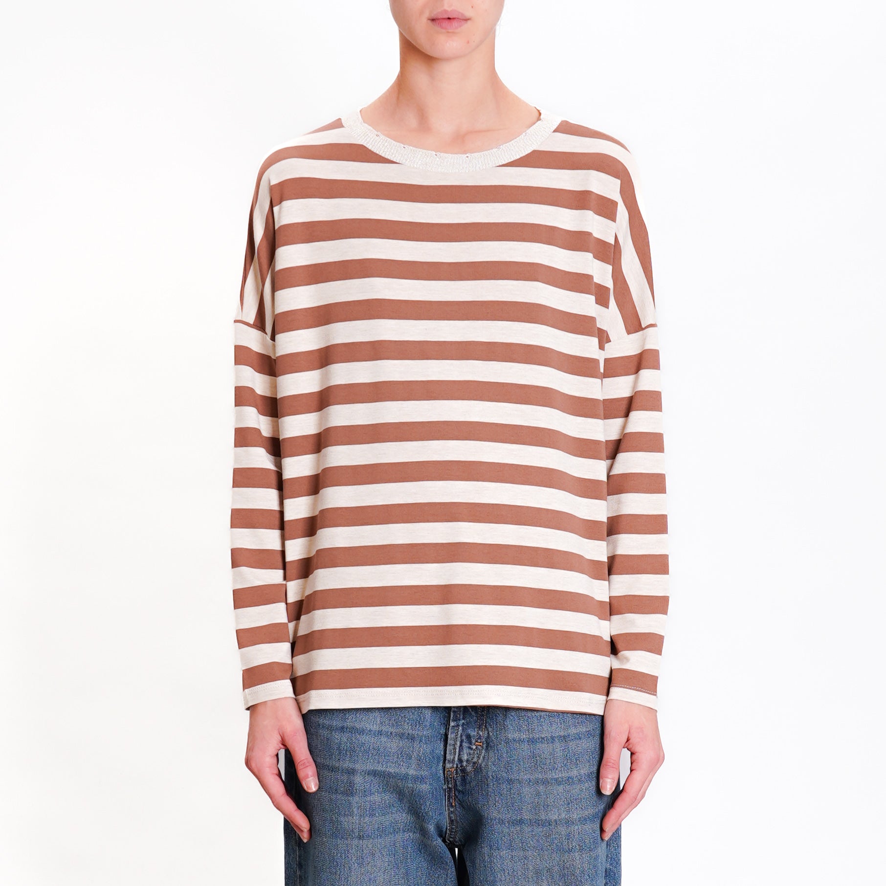 Zeroassoluto T shirt righe girocollo lurex tabacco beige