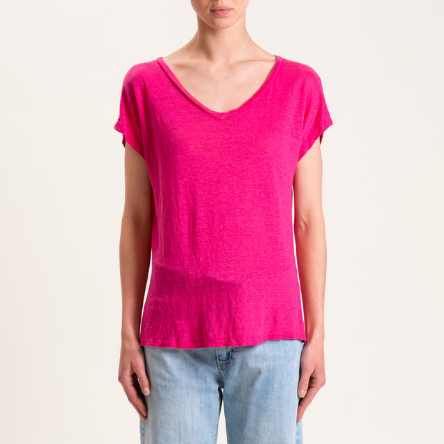 Zeroassoluto-T-shirt scollo V in lino - fucsia