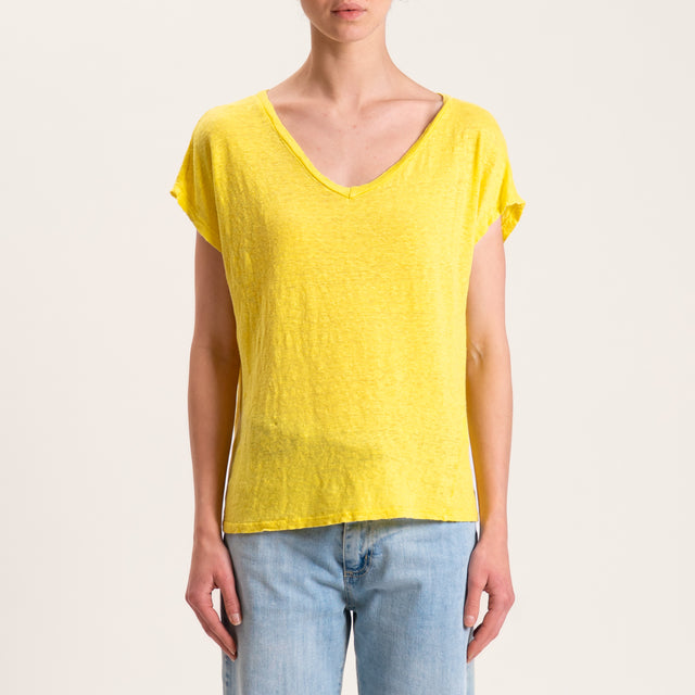 Zeroassoluto-T-shirt scollo V in lino - lime