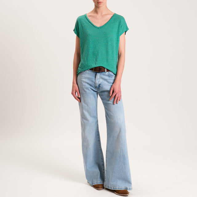 Zeroassoluto-T-shirt scollo V in lino - smeraldo