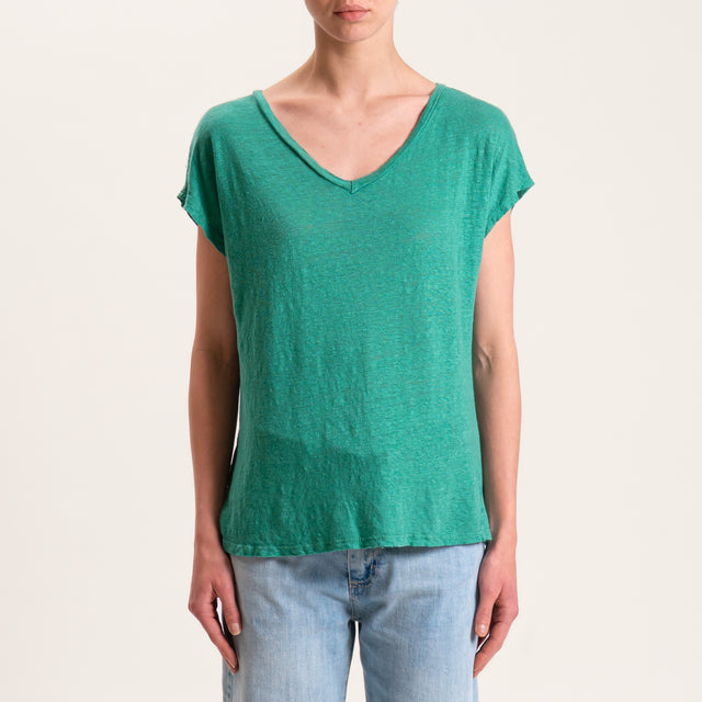 Zeroassoluto-T-shirt scollo V in lino - smeraldo
