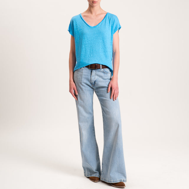 Zeroassoluto-T-shirt scollo V in lino - turchese