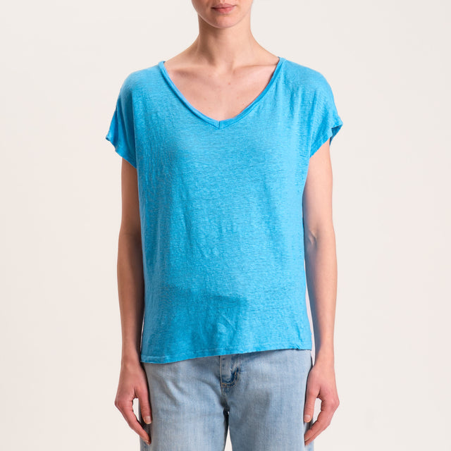Zeroassoluto-T-shirt scollo V in lino - turchese