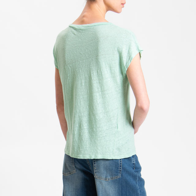 Zeroassoluto-T-shirt scollo V in lino - acqua