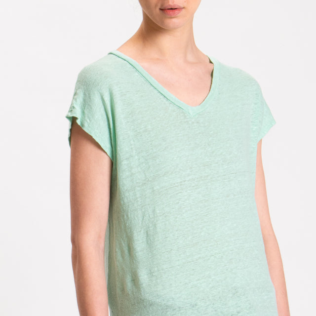 Zeroassoluto-T-shirt scollo V in lino - acqua