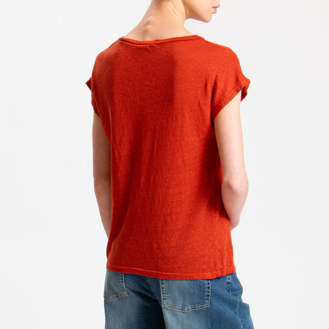 Zeroassoluto-T-shirt scollo V in lino - aperol