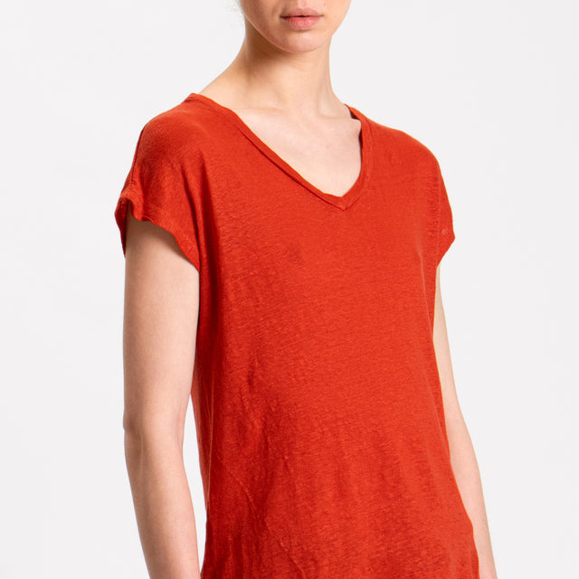 Zeroassoluto-T-shirt scollo V in lino - aperol